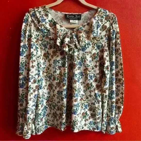 Vintage 90s floral long sleeve top with ruffles size Medium - Picture 1 of 7